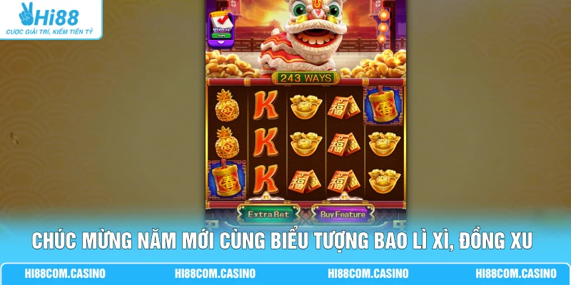 Chúc Mừng Năm Mới cùng biểu tượng bao lì xì, đồng xu may mắn