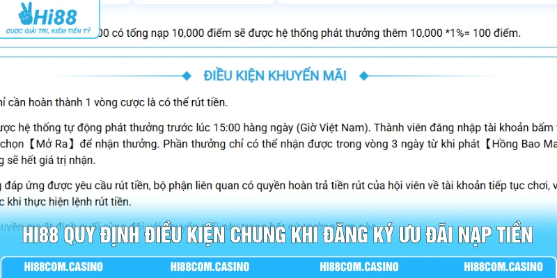 Hi88 quy định điều kiện chung khi đăng ký ưu đãi nạp tiền