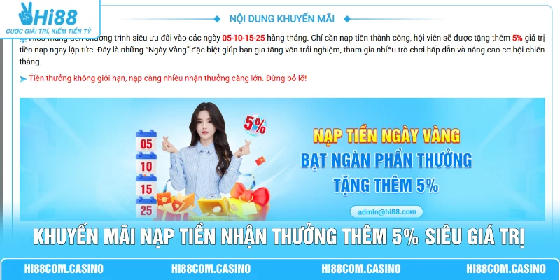 Khuyến mãi nạp tiền nhận thưởng thêm 5% siêu giá trị